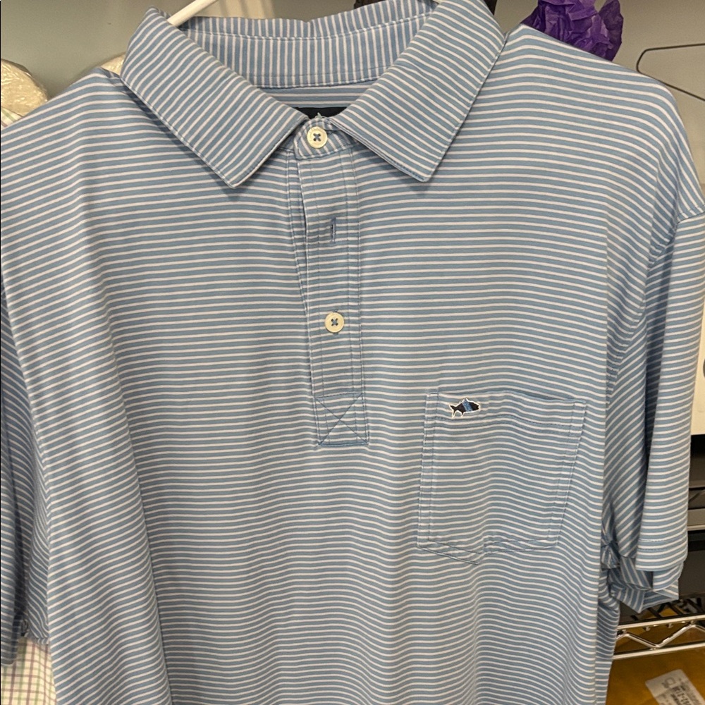 Men's Blue Striped Polo Shirt- Fish Hippie size Large